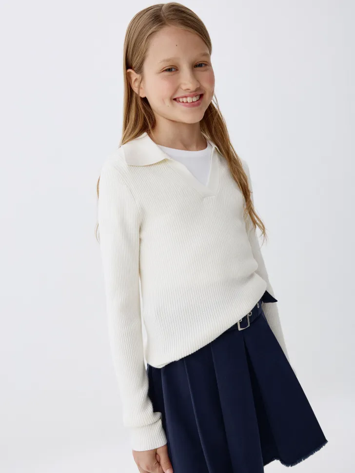 Вязаный джемпер с воротником для девочек, белый, арт. 10848