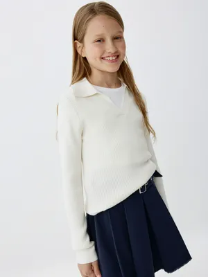 Вязаный джемпер с воротником для девочек, белый, арт. 10848