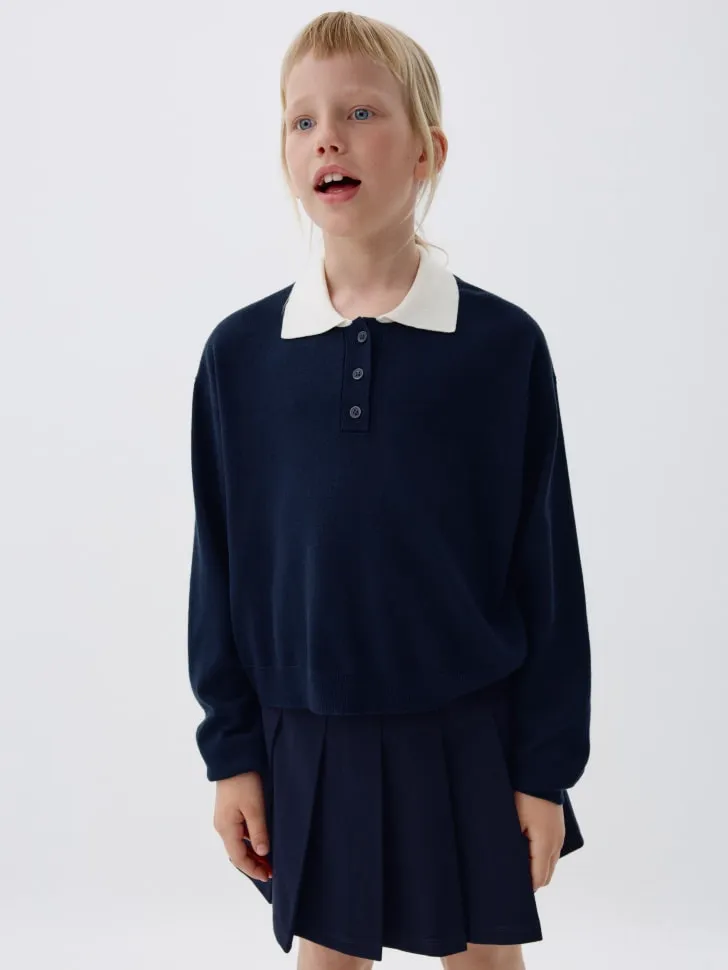 Вязаный джемпер с воротником поло для девочек, синий, арт. 10850