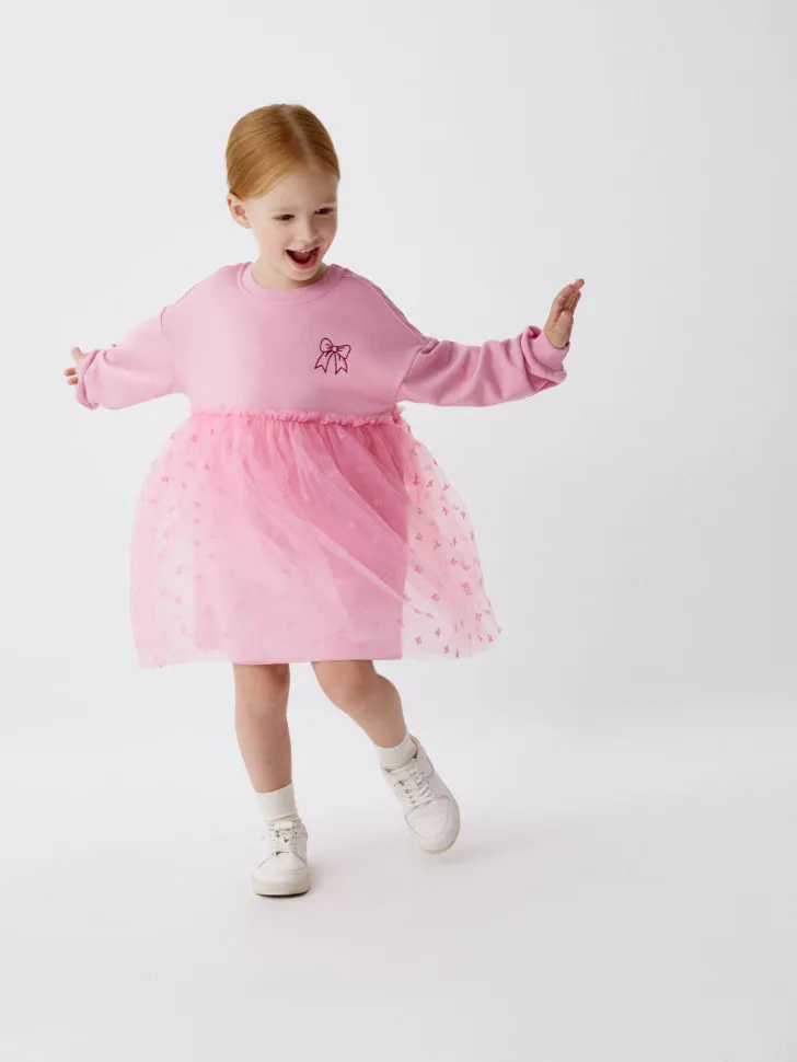 Платье-толстовка с юбкой из сетки для девочек, розовый, арт. 10924