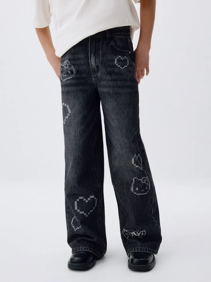 Джинсы Wide leg с принтом Hello Kitty для девочек, серый, арт. 10954