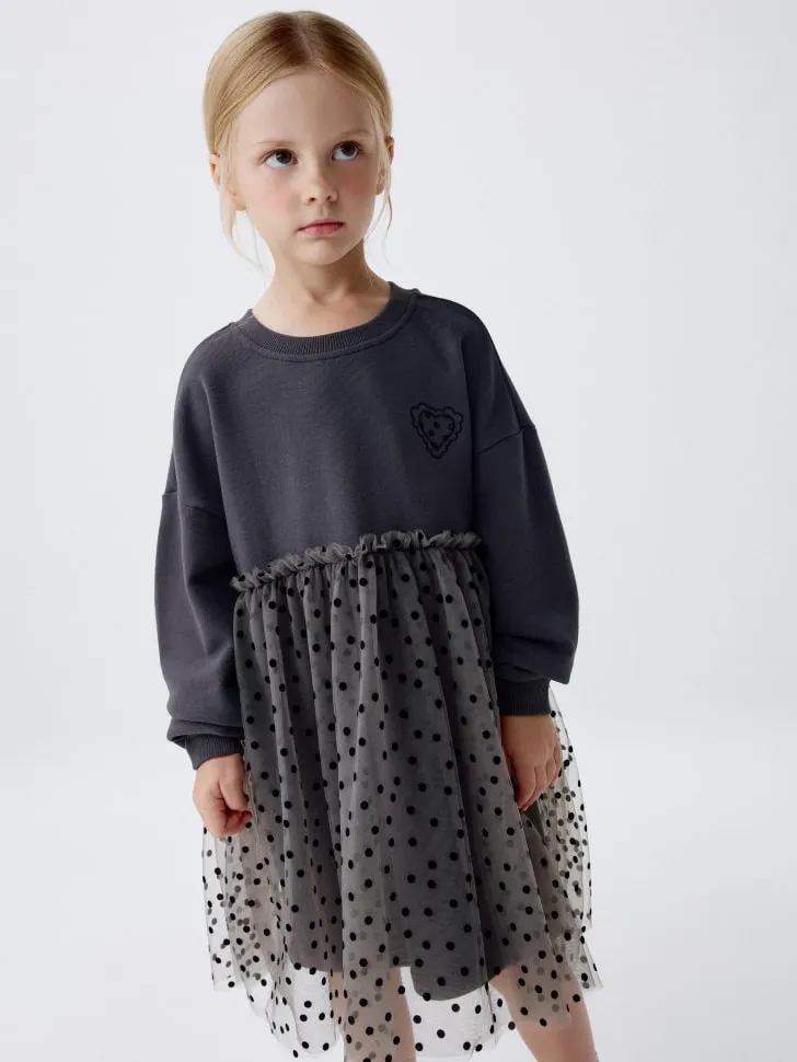 Платье-толстовка с юбкой из сетки для девочек, серый, арт. 10977