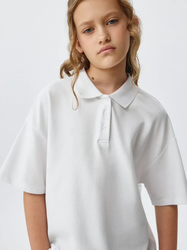 Поло оверсайз с короткими рукавами для девочек, белый, арт. 11000