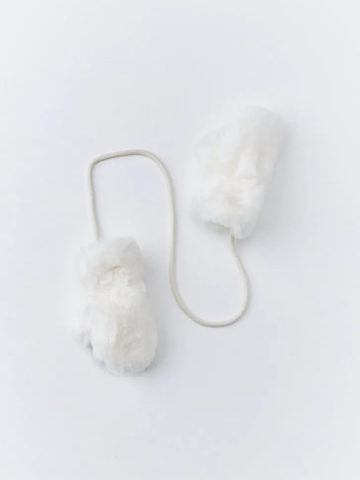 Меховые варежки на веревочке для девочек, белый, арт. 11209