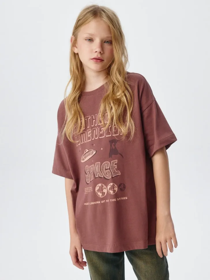Футболка оверсайз с принтом для девочек, розовый, арт. 11662