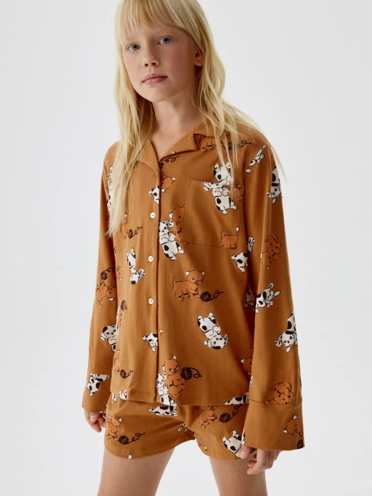 Трикотажная пижама с принтом для девочек, коричневый, арт. 11665