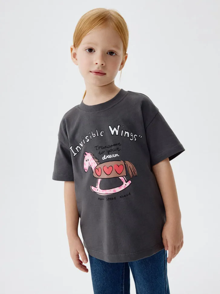 Футболка оверсайз с принтом для девочек, серый, арт. 11679