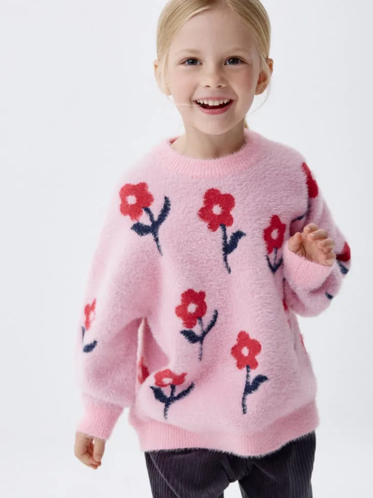 Пушистый джемпер оверсайз с принтом для девочек, розовый, арт. 11691