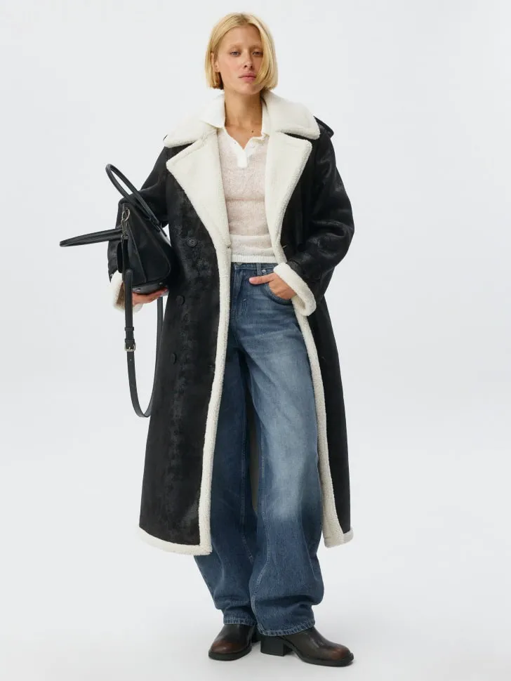 Двубортная дубленка макси из искусственной кожи, черный, арт. 11696