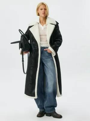 Двубортная дубленка макси из искусственной кожи, черный, арт. 11696