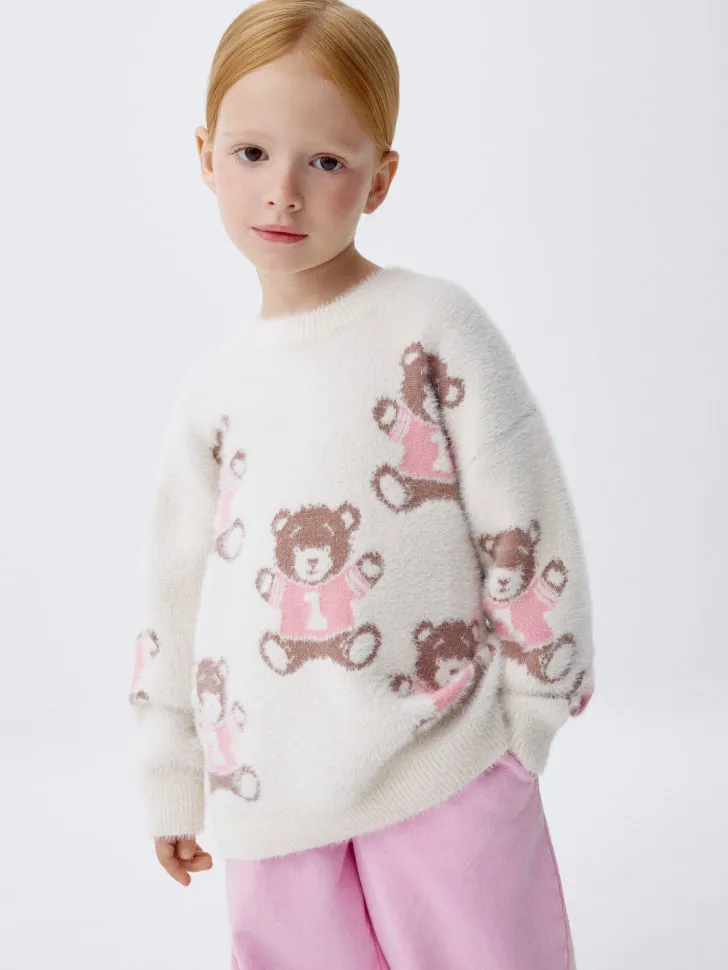 Пушистый джемпер оверсайз с принтом для девочек, бежевый, арт. 11719