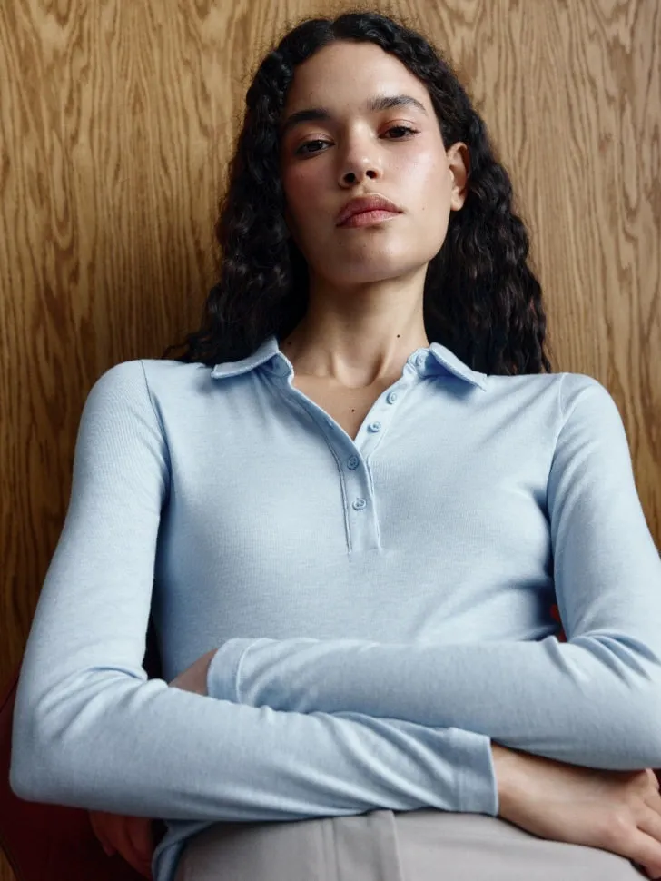 Лонгслив-поло из смесового лиоцелла и шерсти, голубой, арт. 11870