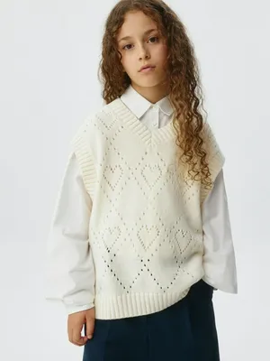 Вязаный жилет оверсайз для девочек, белый, арт. 12129