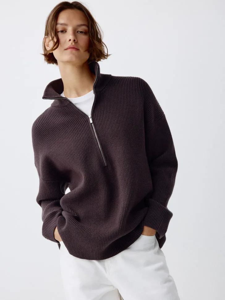 Вязаный джемпер с воротником-стойкой на молнии, фиолетовый, арт. 12429