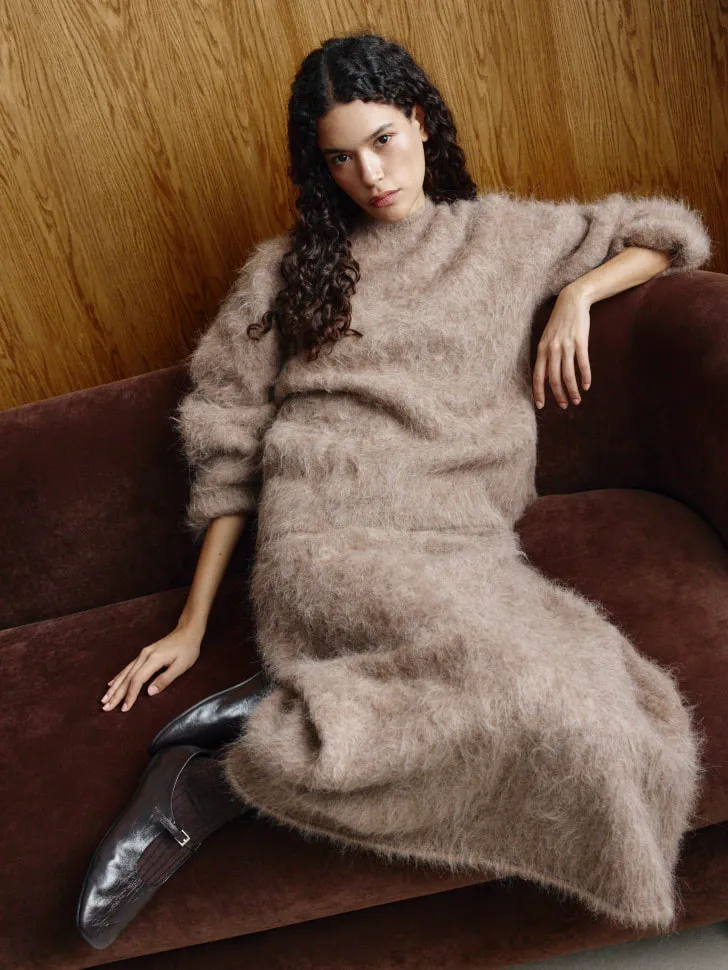 Пушистая юбка миди из смесовой шерсти альпаки, бежевый, арт. 12430