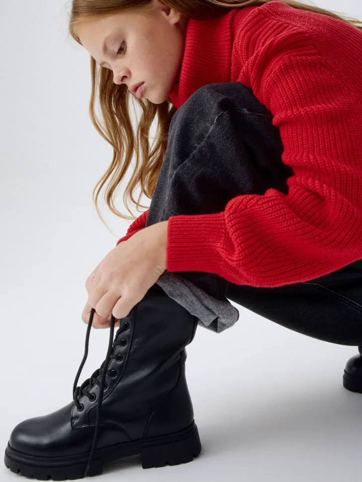 Кожаные ботинки со шнуровкой для девочек, черный, арт. 12460