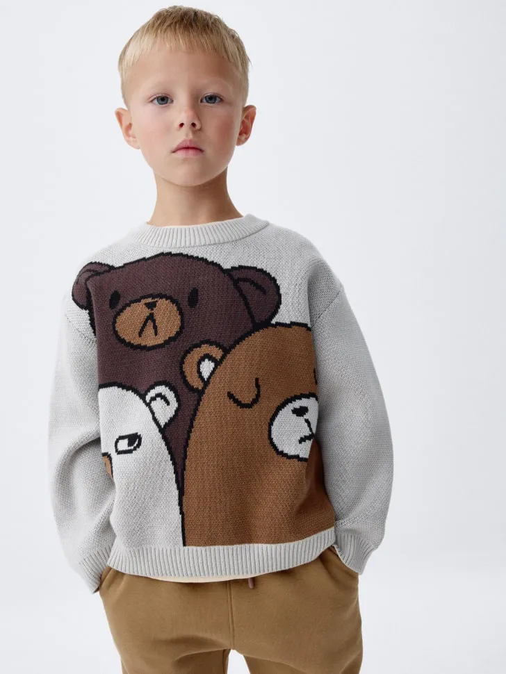 Вязаный джемпер оверсайз с принтом, серый, арт. 12471