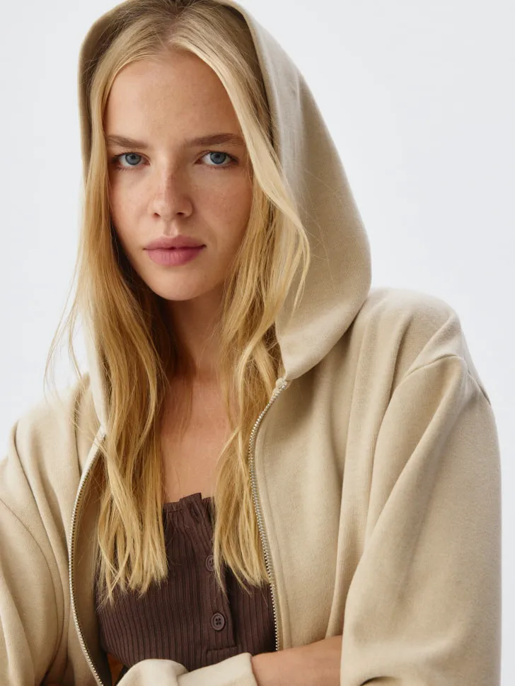Вязаное худи оверсайз на молнии, бежевый, арт. 12608