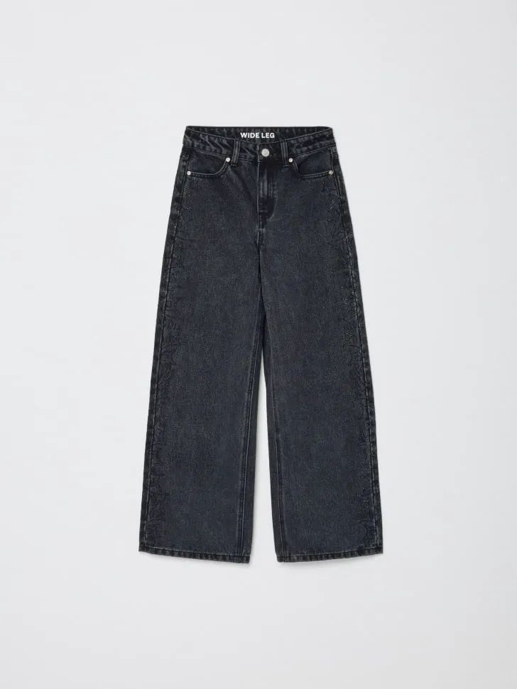 Джинсы Wide Leg со стразами, серый, арт. 12697