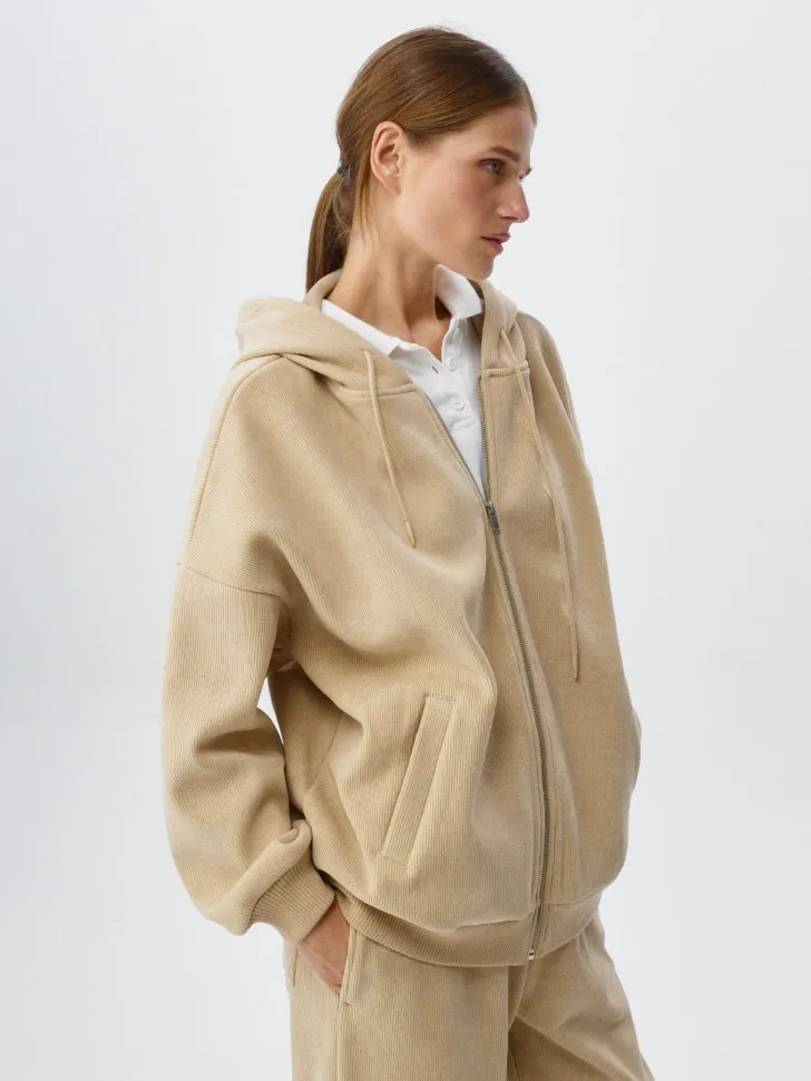 Вельветовое худи оверсайз на молнии, бежевый, арт. 12706
