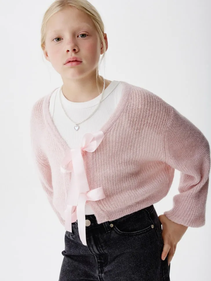 Вязаный кардиган из смесовой шерсти с бантиками, розовый, арт. 12708