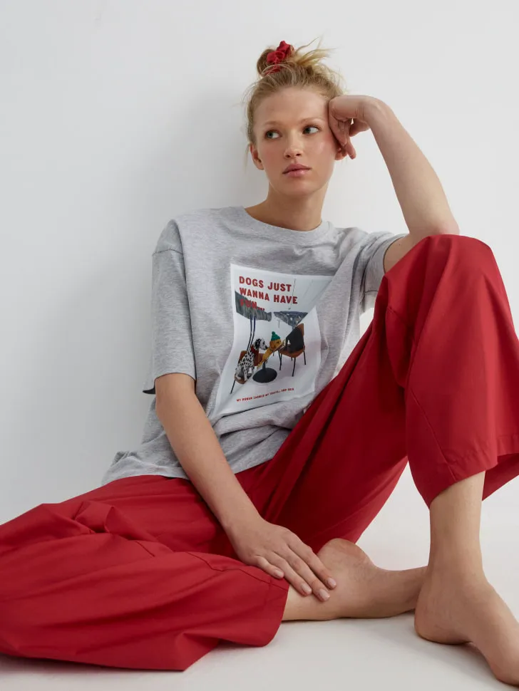 Домашняя футболка оверсайз с принтом, серый, арт. 12716