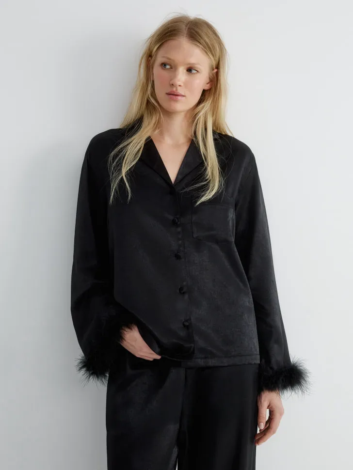 Рубашка для дома с перьями из вискозного сатина, черный, арт. 12720