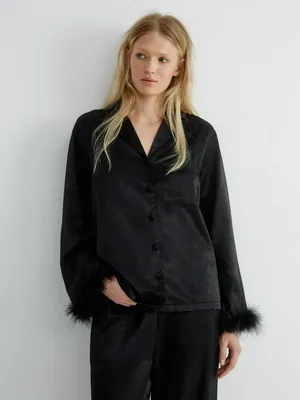 Рубашка для дома с перьями из вискозного сатина, черный, арт. 12720