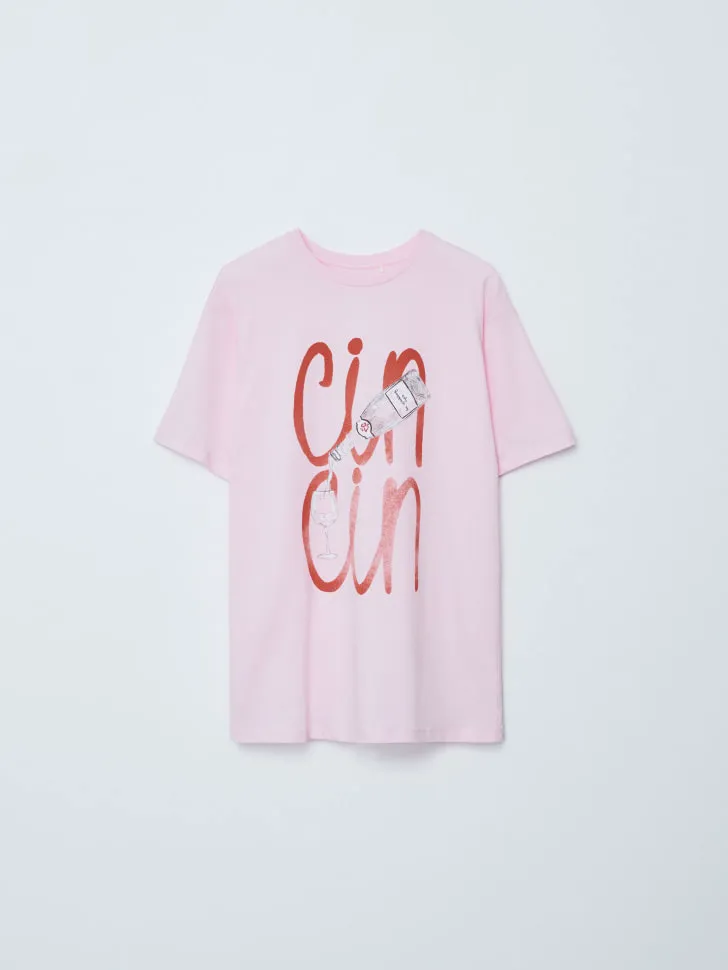 Домашнее платье-футболка оверсайз с принтом, розовый, арт. 12721