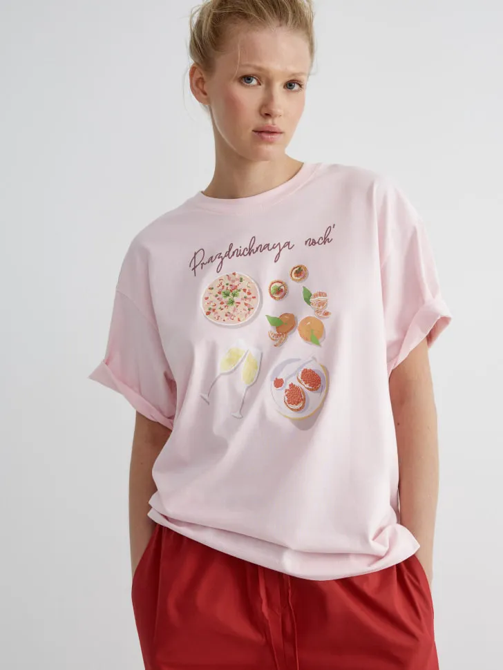 Домашняя футболка оверсайз с принтом, розовый, арт. 12731