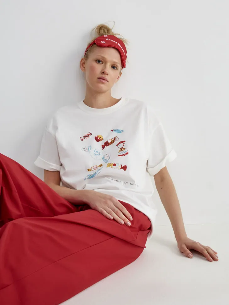 Домашняя футболка оверсайз с принтом, белый, арт. 12741