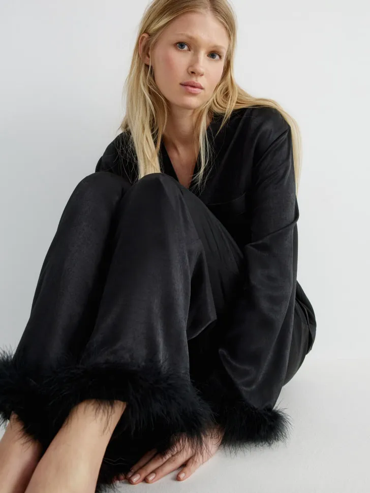 Брюки с перьями для дома из вискозного сатина, черный, арт. 12749