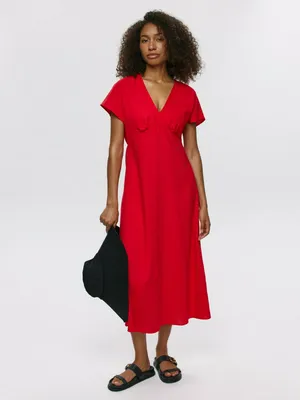 Платье миди из вискозы и льна, красный, арт. N/A