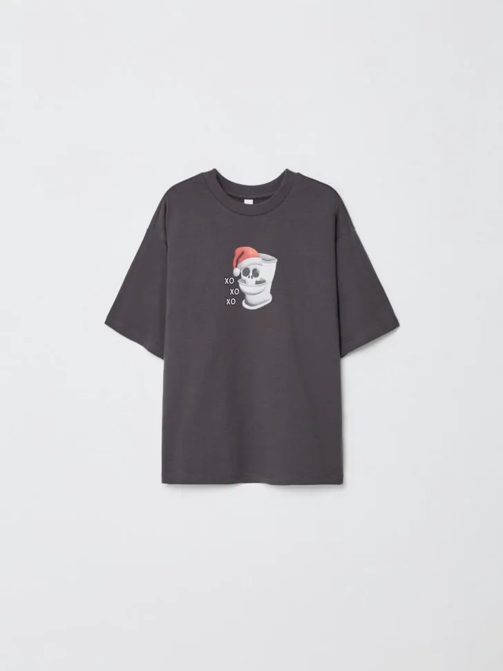 Футболка оверсайз с новогодним принтом, серый, арт. 12797