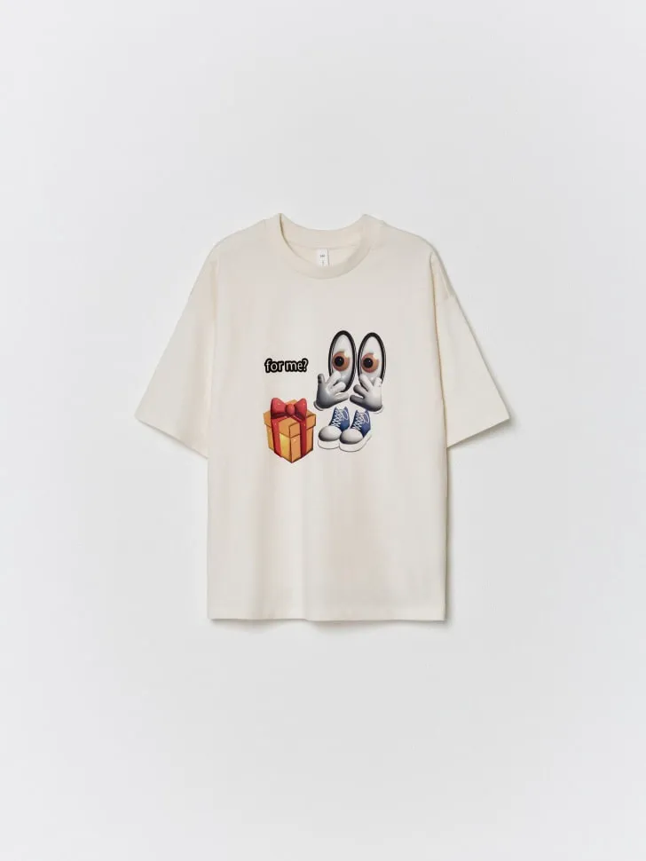 Футболка оверсайз с новогодним принтом, бежевый, арт. 12803