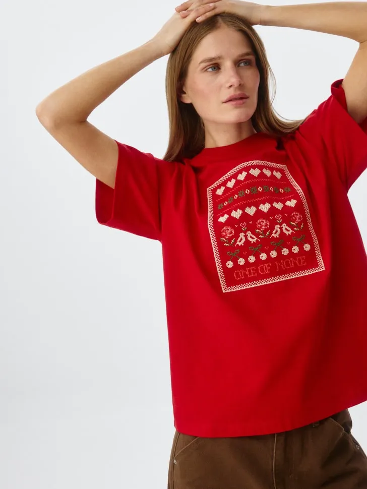 Футболка оверсайз с вышивкой, красный, арт. 12818