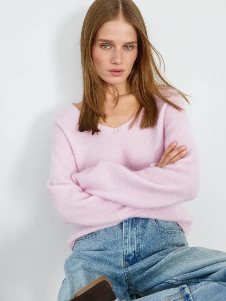Вязаный джемпер из смесовой шерсти, розовый, арт. 12837