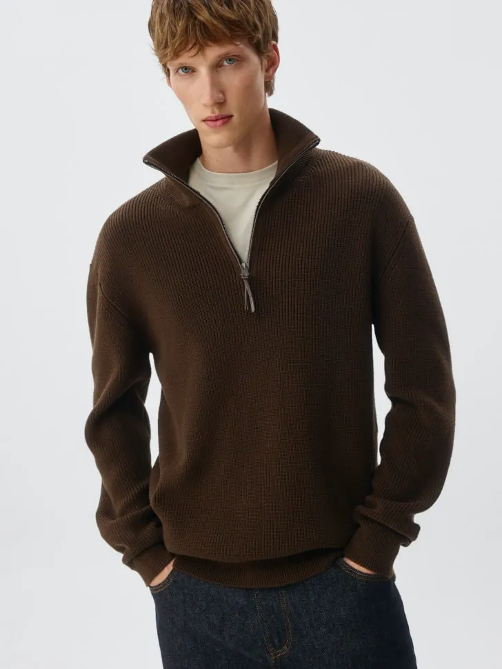 Вязаный джемпер Regular fit с воротом на молнии, коричневый, арт. 13018