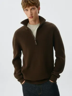 Вязаный джемпер Regular fit с воротом на молнии, коричневый, арт. 13018