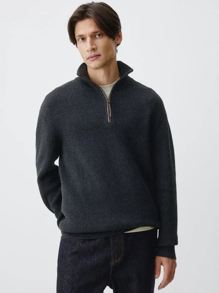 Вязаный джемпер Regular fit с воротом на молнии, серый, арт. 13022