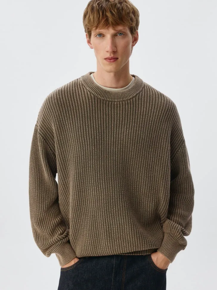 Вязаный джемпер с эффектом стирки, коричневый, арт. 13053
