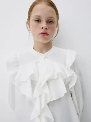 Белая блузка с жабо для девочек, арт. 13097