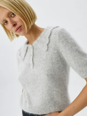 Вязаное поло с ажурным воротником из смесовой шерсти, арт. 13153