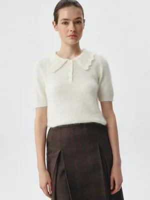 Вязаное поло с ажурным воротником из смесовой шерсти, арт. 13159