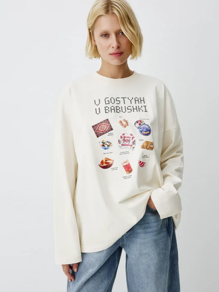 Лонгслив оверсайз с вышивкой и принтом, арт. 13177