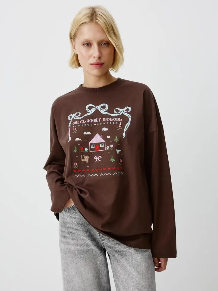 Лонгслив оверсайз с вышивкой и принтом, коричневый, арт. 13188
