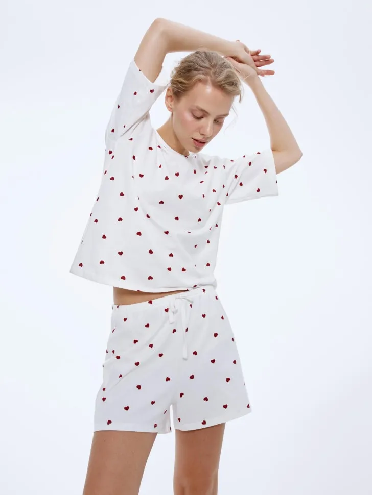 Трикотажная пижама с принтом в сердечко, белый, арт. 13226