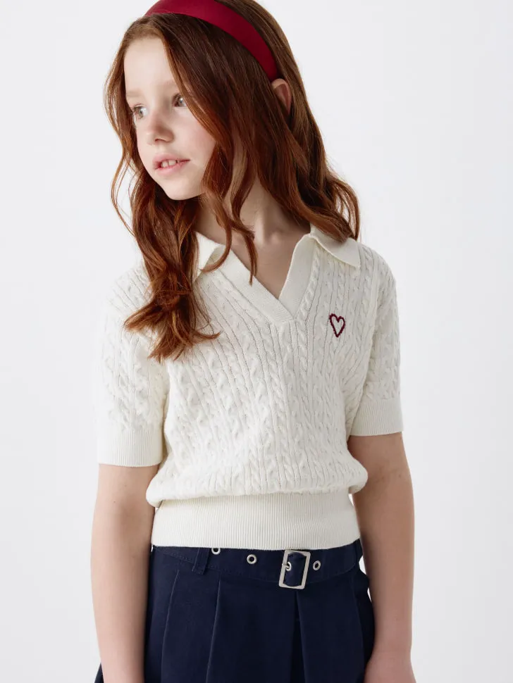 Вязаное поло с вышивкой для девочек, белый, арт. 13271