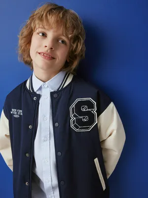 Утепленный бомбер в стиле преппи детский, синий, бежевый, арт. N/A