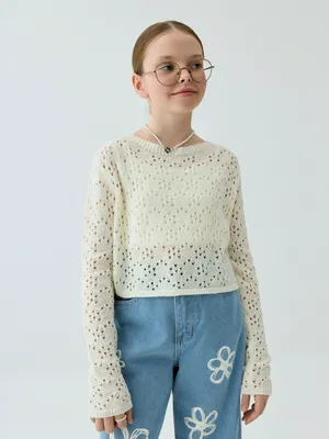 Короткий джемпер ажурной вязки, молочный, арт. GIRL-DPM-001